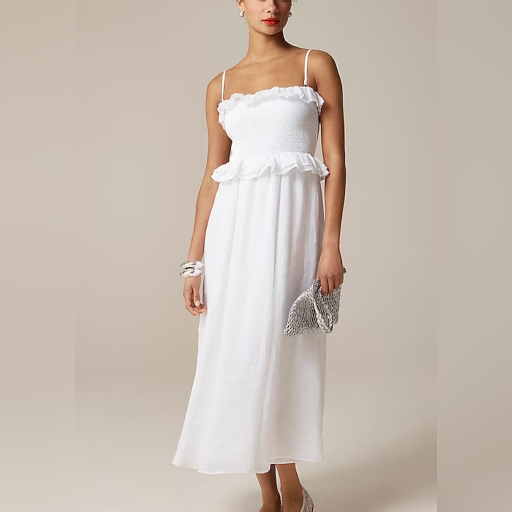 J Crew Ravenna Dress NWT Midi White Ramie Ruffle Smocked Cottagecore L
